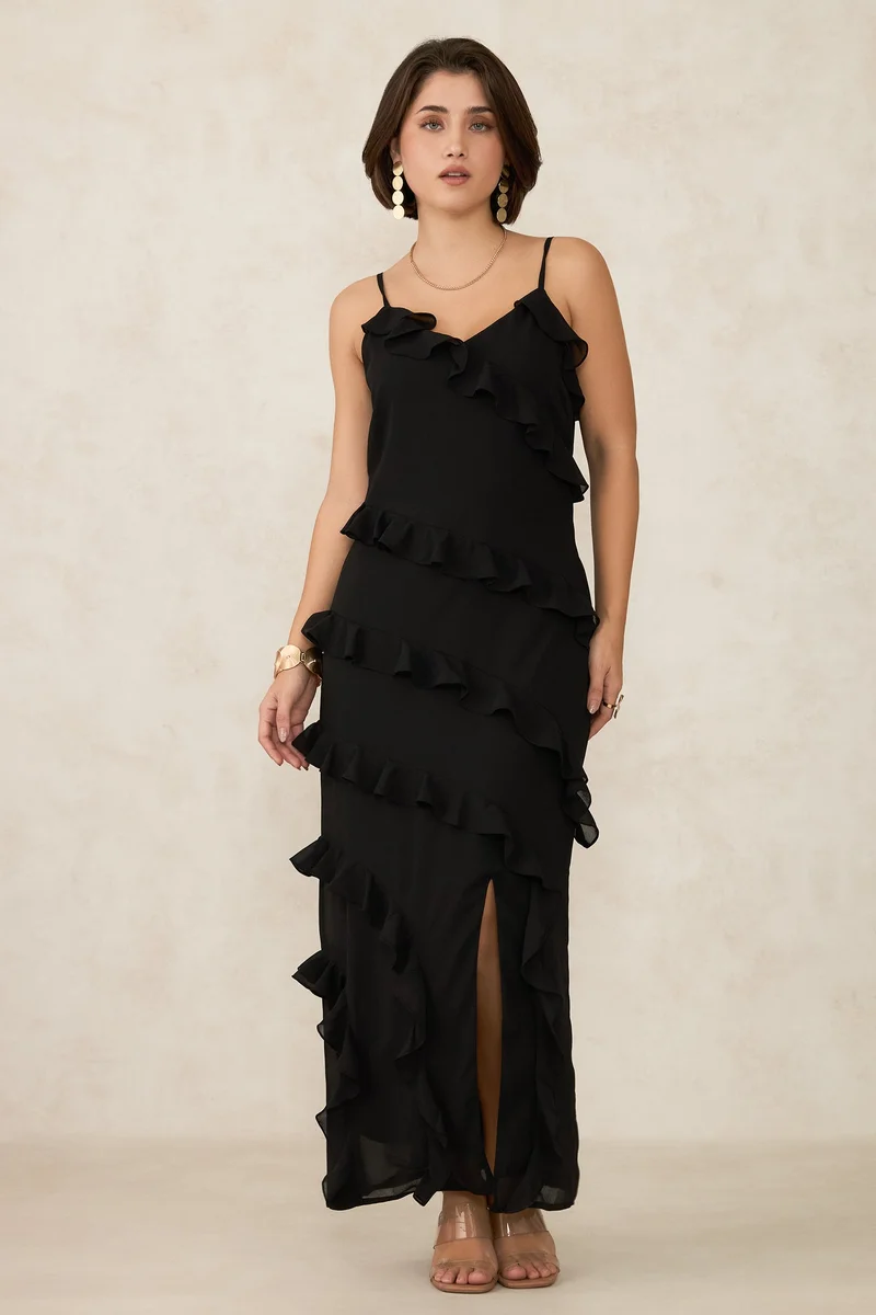 فيرجيو Georgette Ruffle Vacation Slit Maxi Dresses for Women