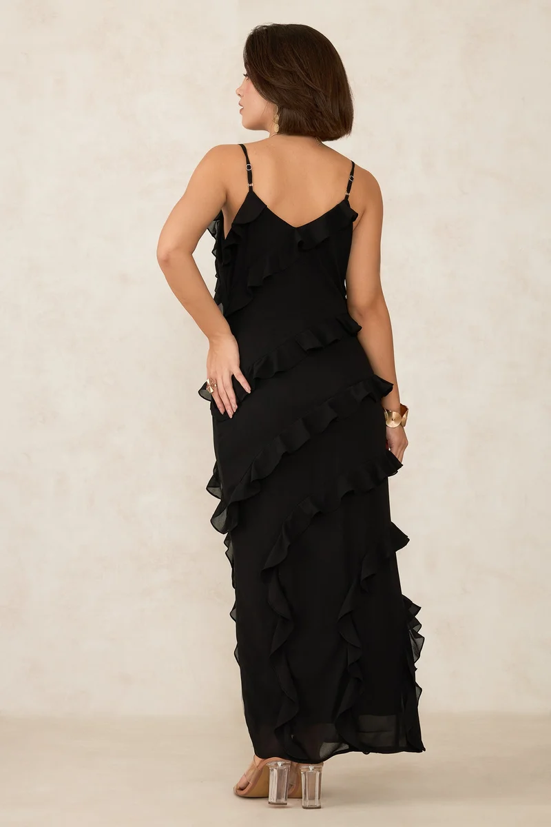 فيرجيو Georgette Ruffle Vacation Slit Maxi Dresses for Women