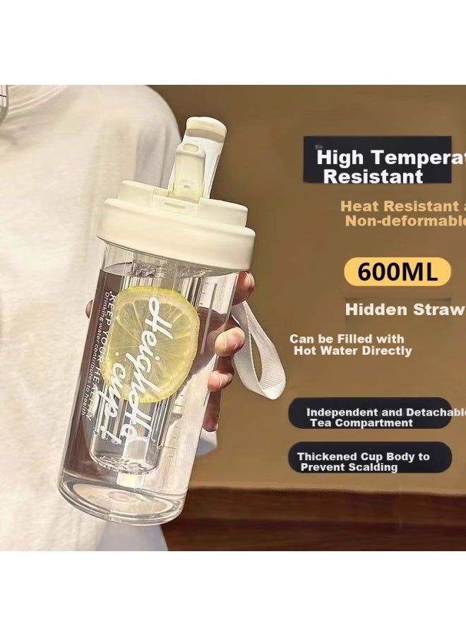 Pinyu Straw Plastic Cup, Large Capacity Water Bottle, Sports Water Bottle For Men And Women, Outdoor Fitness Bottle With Filter, Light Luxury White - 600ml - Image 1