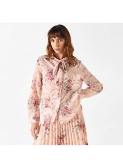 2Xtremz 2Xtremz All-Over Floral Print Pussy Bow Neck Top with Long Sleeves  - Image 1