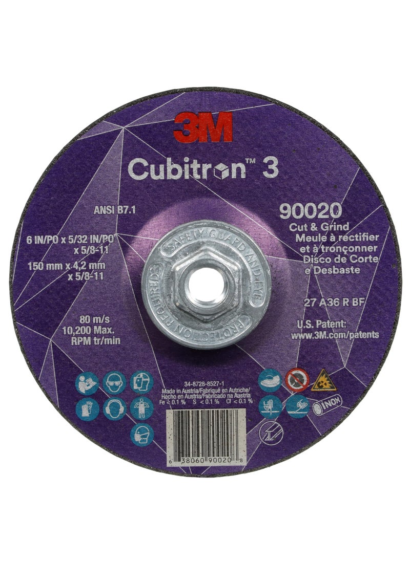 3M 3M Cubitron 3 Cut and Grind Wheel, 90020, 36+, T27, 6 in x 5/32 in x 5/8 in-11, Pack of 10, ANSI, Longer Life, Faster Cut, Back-Gouging, Fillet Weld Removal, Cutting, Grinding  - Image 1