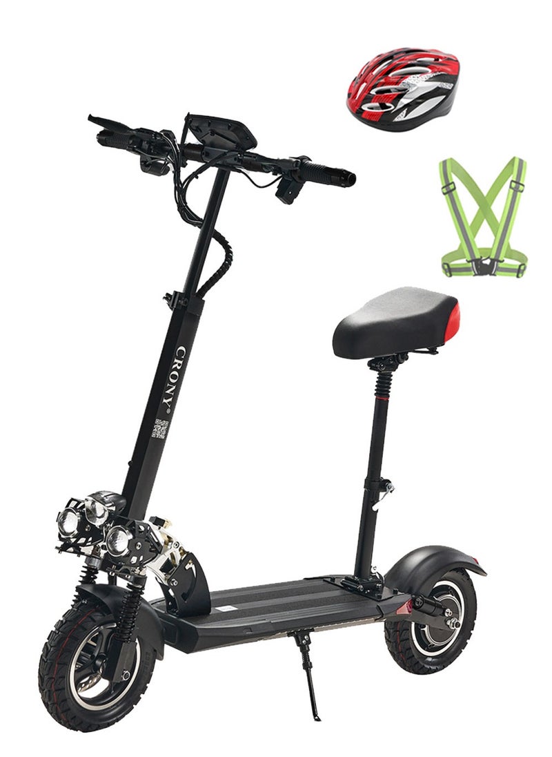 Crony V10 Big Display  Free Gift helmet and vest Fast Speed E-Scooter 1200w Motor 48v/12ah,10"Off-Road Wide Tires,Dual Suspension/Hydraulic Disc Brakes E-Bike, Triple Led Headlamps, All-Terrain, Easy Foldable, Portable Commuter Electric Scooter For Adults & Kids, 120kg Load Skateboard Aluminum Frame, Urban Mobility，Black  - Image 1