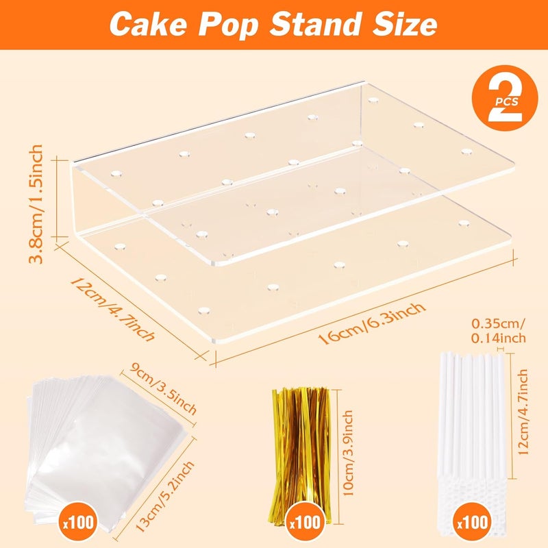 Dooiclear 2 Pack Cake Pop Stand with Sticks Kit, Acrylic Lollipop Hold Stand, Clear Cake Pop Display Holder, 15 Holes Candy Pop Holder with 100 Pcs Sticks, 100 Pcs Clear Wrappers, 100 Pcs Gold Twist Ties - Image 2