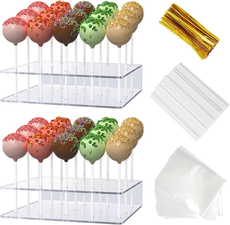 Dooiclear 2 Pack Cake Pop Stand with Sticks Kit, Acrylic Lollipop Hold Stand, Clear Cake Pop Display Holder, 15 Holes Candy Pop Holder with 100 Pcs Sticks, 100 Pcs Clear Wrappers, 100 Pcs Gold Twist Ties - Image 1