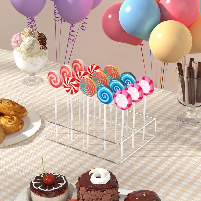 Dooiclear 2 Pack Cake Pop Stand with Sticks Kit, Acrylic Lollipop Hold Stand, Clear Cake Pop Display Holder, 15 Holes Candy Pop Holder with 100 Pcs Sticks, 100 Pcs Clear Wrappers, 100 Pcs Gold Twist Ties - Image 5