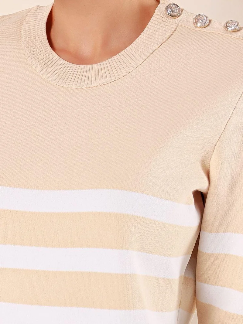 BIG DART BDART Striped Acrylic Crew Neck Sweater with Button Detail