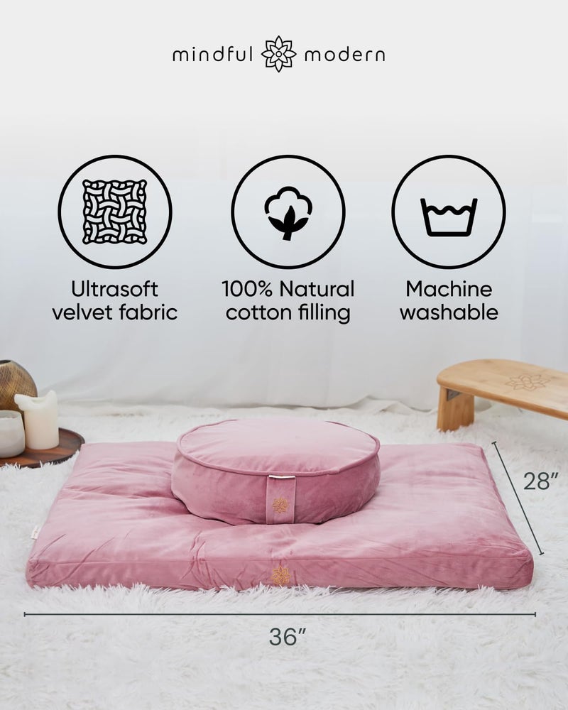 Mindful Modern Velvet Zabuton Meditation Mat | Large Rectangular Yoga Floor Cushion Pillow for Kneeling or Sitting Support | Removable Washable Cover | Perfect Zafu or Bench Complement | Color Pink - Image 3
