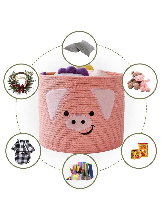 OMERAI Animal Baskets Cotton Rope Woven Storage Basket for Toys Blankets Laundry Nursery, Large Foldable Organizer with Cute Pig Design and Handles, 15"D x 12.6"H (Pink) - Image 5
