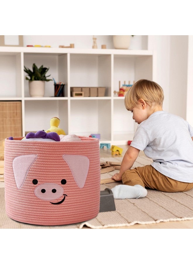 OMERAI Animal Baskets Cotton Rope Woven Storage Basket for Toys Blankets Laundry Nursery, Large Foldable Organizer with Cute Pig Design and Handles, 15"D x 12.6"H (Pink) - Image 2