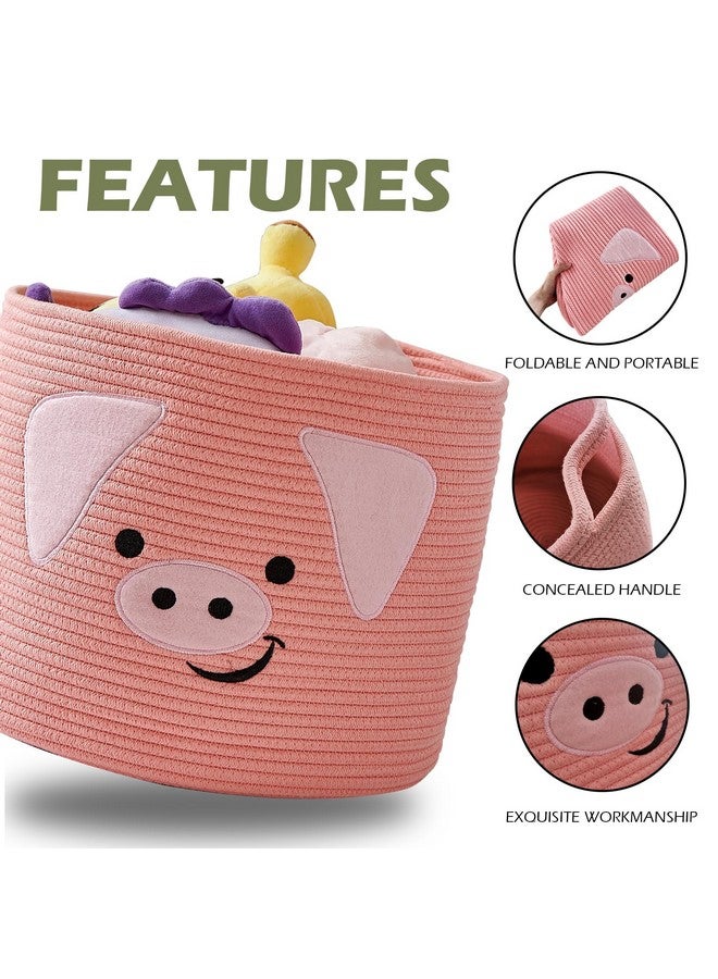 OMERAI Animal Baskets Cotton Rope Woven Storage Basket for Toys Blankets Laundry Nursery, Large Foldable Organizer with Cute Pig Design and Handles, 15"D x 12.6"H (Pink) - Image 3
