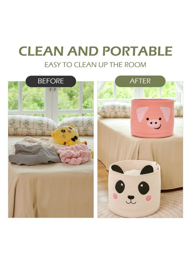 OMERAI Animal Baskets Cotton Rope Woven Storage Basket for Toys Blankets Laundry Nursery, Large Foldable Organizer with Cute Pig Design and Handles, 15"D x 12.6"H (Pink) - Image 4