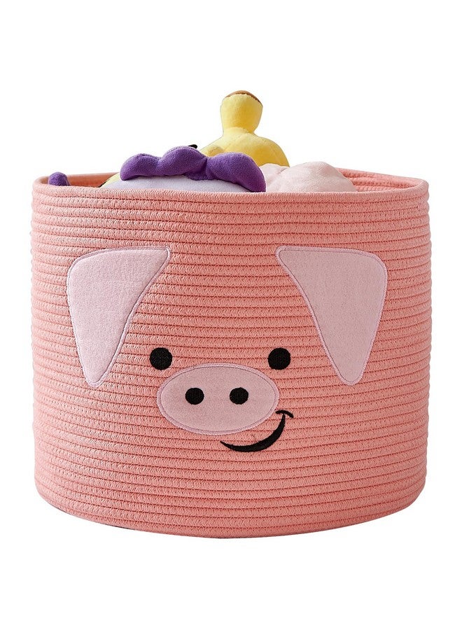 OMERAI Animal Baskets Cotton Rope Woven Storage Basket for Toys Blankets Laundry Nursery, Large Foldable Organizer with Cute Pig Design and Handles, 15"D x 12.6"H (Pink) - Image 1