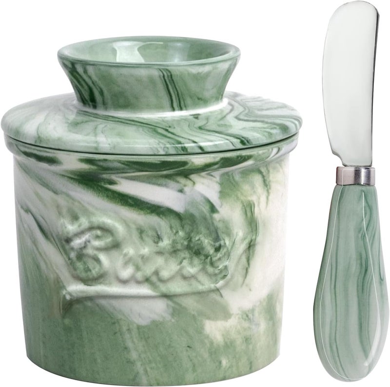 MSJGA Ceramic Butter Crock with Lid & Spreader Knife, Butter Keeper - Ideal Butter Storage & Countertop Butter Dish (Marble Green with Marble Green Knife, M) - Image 1