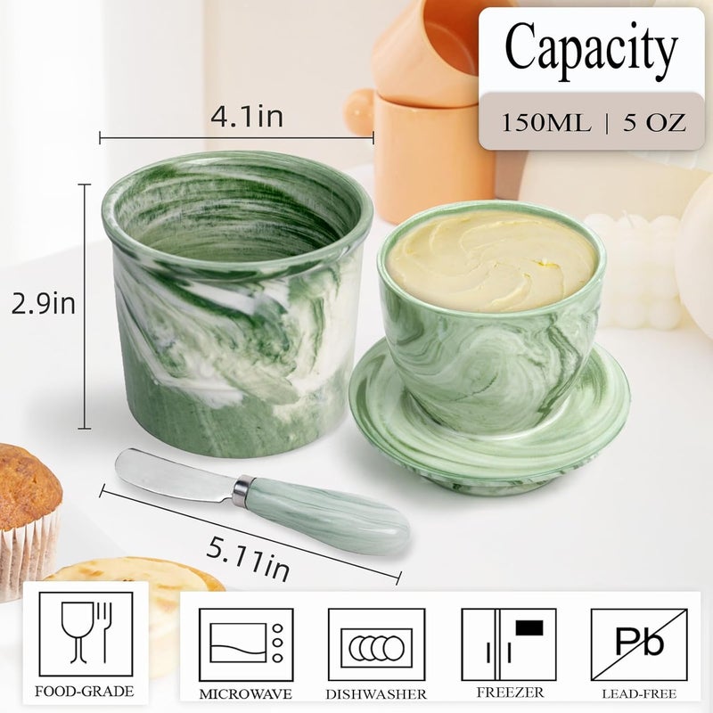 MSJGA Ceramic Butter Crock with Lid & Spreader Knife, Butter Keeper - Ideal Butter Storage & Countertop Butter Dish (Marble Green with Marble Green Knife, M) - Image 3