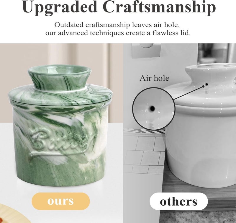MSJGA Ceramic Butter Crock with Lid & Spreader Knife, Butter Keeper - Ideal Butter Storage & Countertop Butter Dish (Marble Green with Marble Green Knife, M) - Image 4