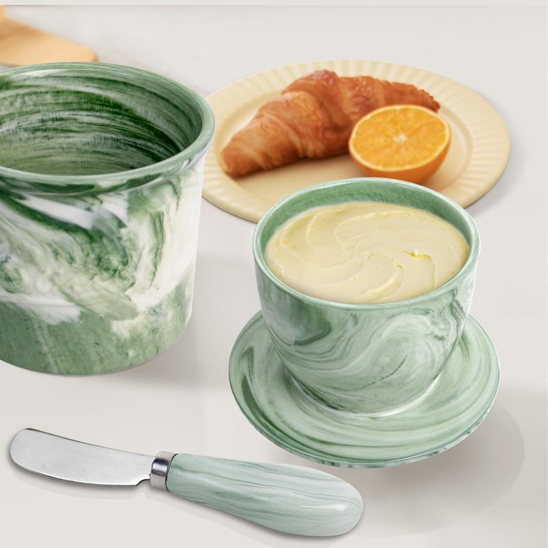MSJGA Ceramic Butter Crock with Lid & Spreader Knife, Butter Keeper - Ideal Butter Storage & Countertop Butter Dish (Marble Green with Marble Green Knife, M) - Image 2
