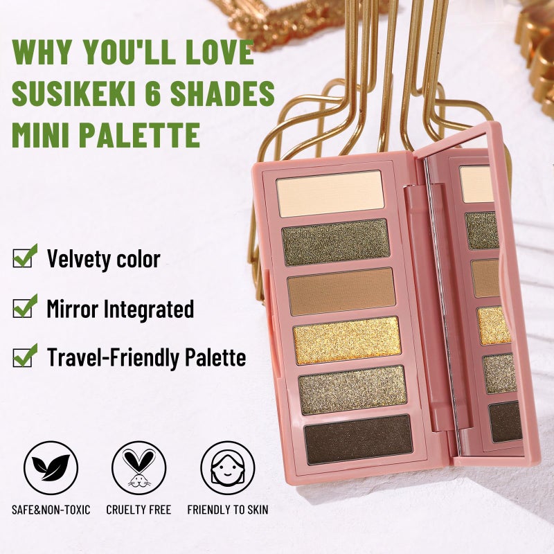 SUSIKEKI 6 Colors Mini Eyeshadow Makeup Palette Olive-colored Neutral Tone Eye Shadow Matte & Shimmer Nude Make Up Pallet with Mirror Blendable Highly Pigmented Travel Size Gift Kit 04 - Image 4