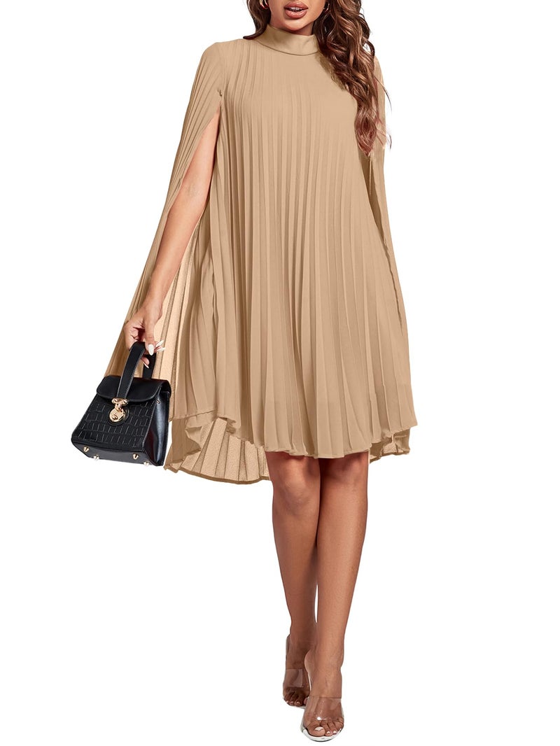 Rooscier Women's Pleated Mock Neck Cloak Sleeve Keyhole Back Flowy Party Midi Dress Plain Khaki Small - Image 5