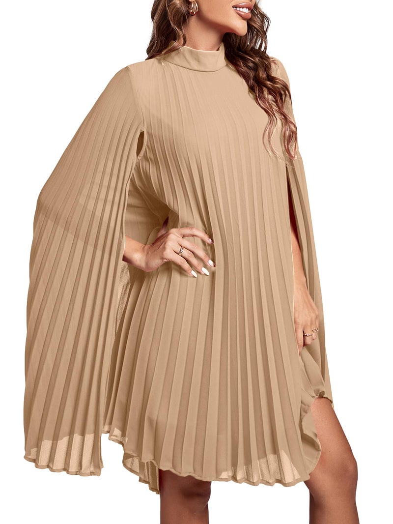 Rooscier Women's Pleated Mock Neck Cloak Sleeve Keyhole Back Flowy Party Midi Dress Plain Khaki Small - Image 3