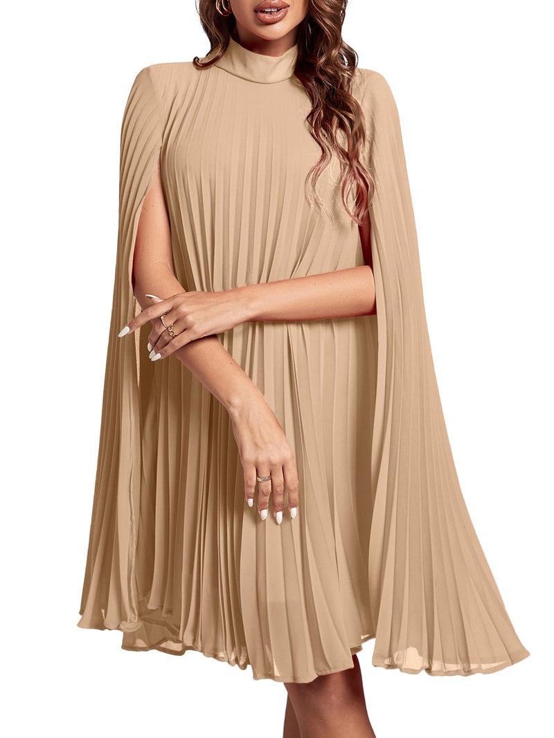 Rooscier Women's Pleated Mock Neck Cloak Sleeve Keyhole Back Flowy Party Midi Dress Plain Khaki Small - Image 1