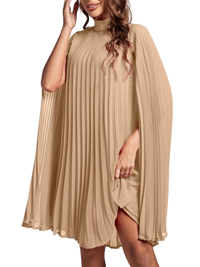 Rooscier Women's Pleated Mock Neck Cloak Sleeve Keyhole Back Flowy Party Midi Dress Plain Khaki Small - Image 4