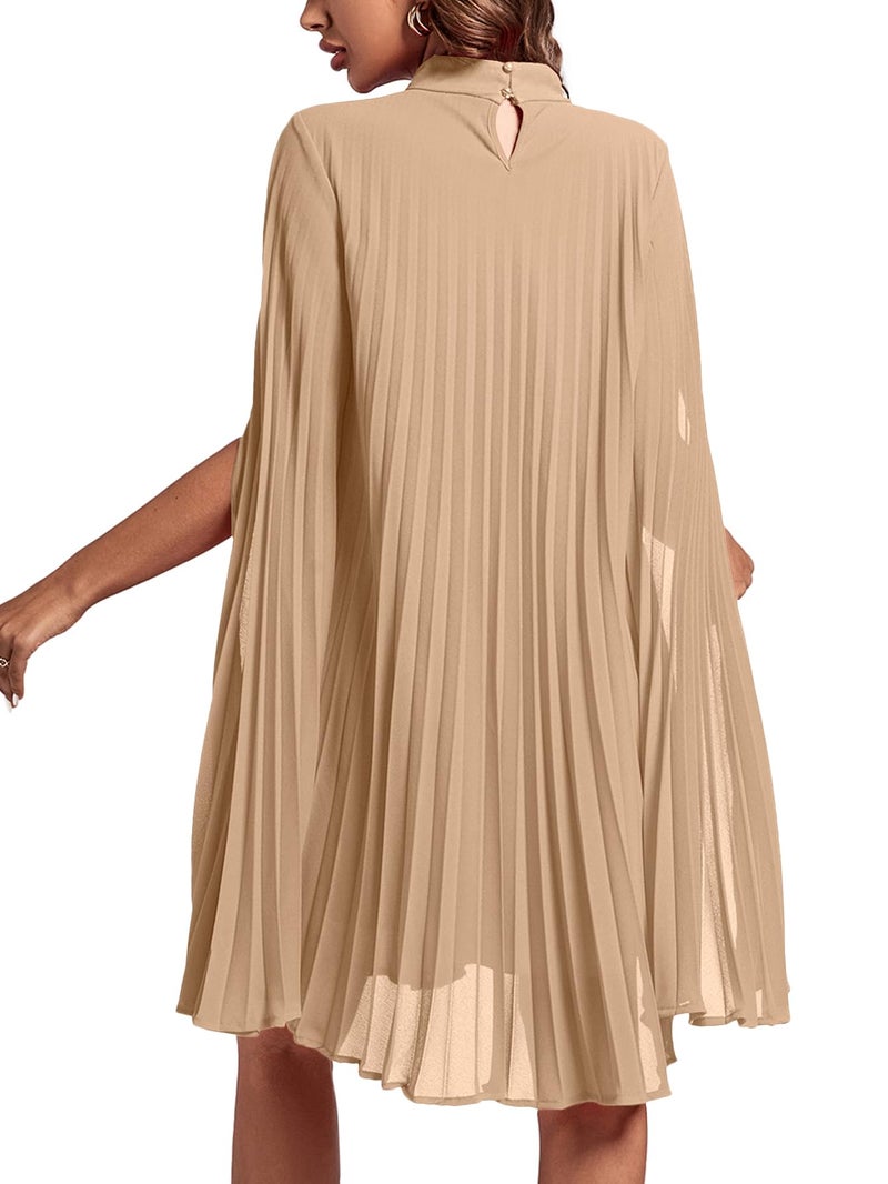 Rooscier Women's Pleated Mock Neck Cloak Sleeve Keyhole Back Flowy Party Midi Dress Plain Khaki Small - Image 2