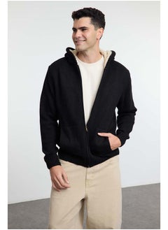trendyol Black FL Men's Regular Hooded Plain Knitwear Cardigan TMNAW20HI0066  - Image 1