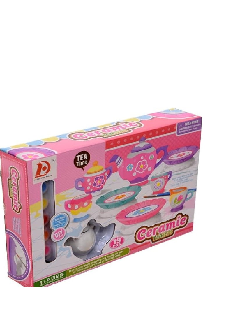 طقم شاي سيراميك ملون 19 قطعة بعد التلوين يتم غسله مرة أخرى ثم تلوينه مرة أخرى - Image 2