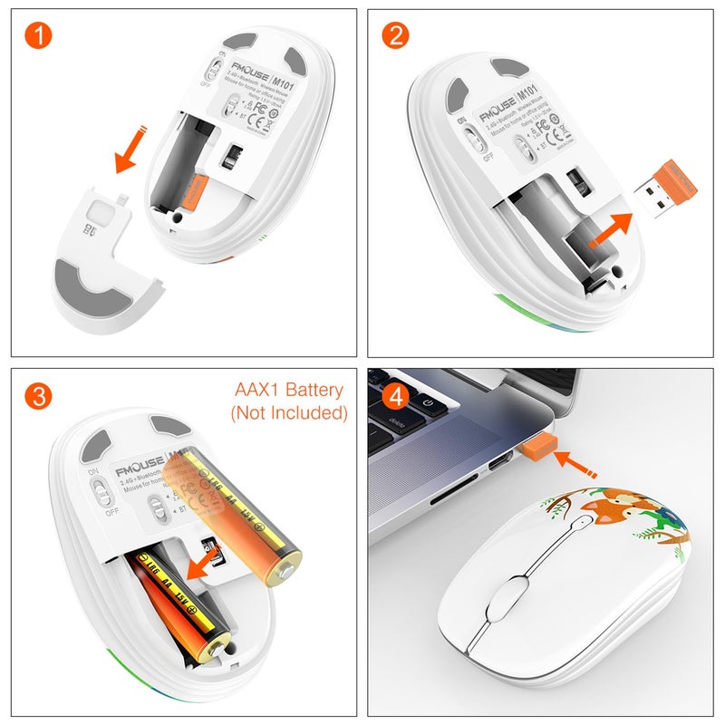 FMOUSE Cute Wireless Mouse, Dual Mode, Bluetooth & 2.4GHz USB Receiver, Silent Clicks, AA-Battery Powered, Handy & Durable, Lovely Little Fox Pattern for Kids and Students on Laptops, Mac, iPad, PC - Image 4