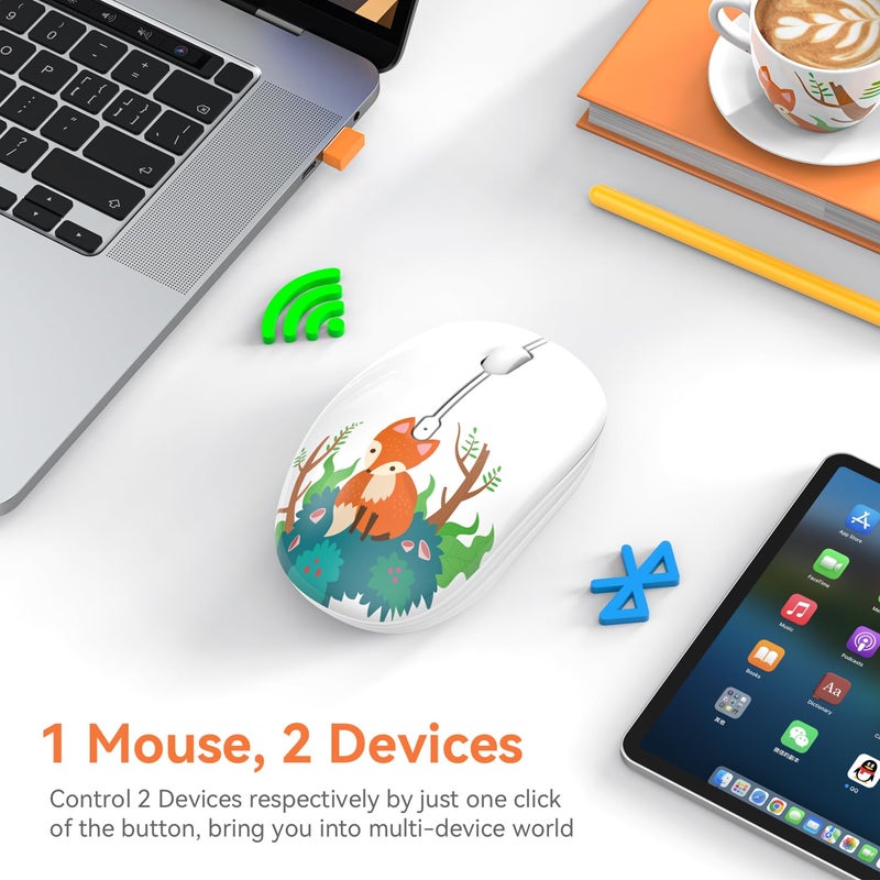 FMOUSE Cute Wireless Mouse, Dual Mode, Bluetooth & 2.4GHz USB Receiver, Silent Clicks, AA-Battery Powered, Handy & Durable, Lovely Little Fox Pattern for Kids and Students on Laptops, Mac, iPad, PC - Image 2