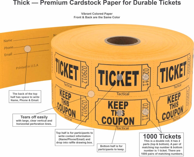 Tacticai 1000 Tacticai Raffle Tickets, Orange (1 of 8 Colors), Double Roll, Ticket for Events, Entry, Class Reward, Fundraiser & Prizes - Image 2