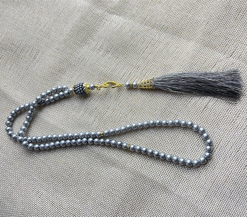 99 Beads Glass Faux Pearl TASBIH Prayer Accessory Gray 