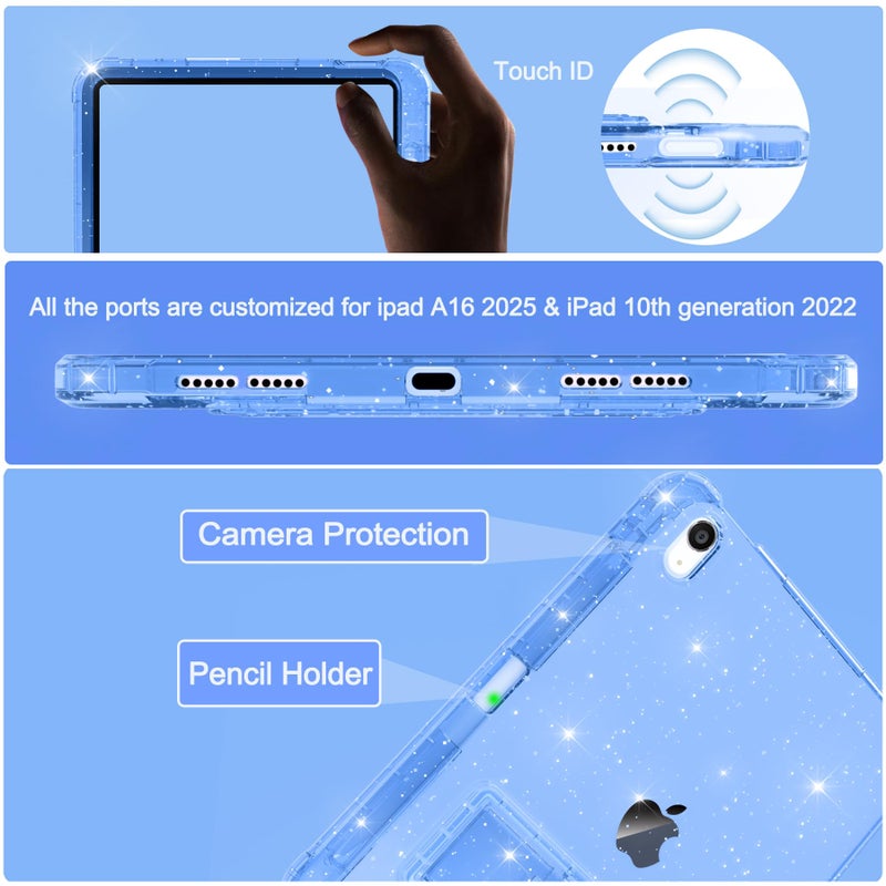 Rantice Case for iPad A16 11-inch 11th Generation, iPad 10th Generation Case 10.9 Inch, Pencil Holder & Kickstand - Slim, Glittery and Shockproof Bumper for Women and Girls, Blue Glitter - Image 3