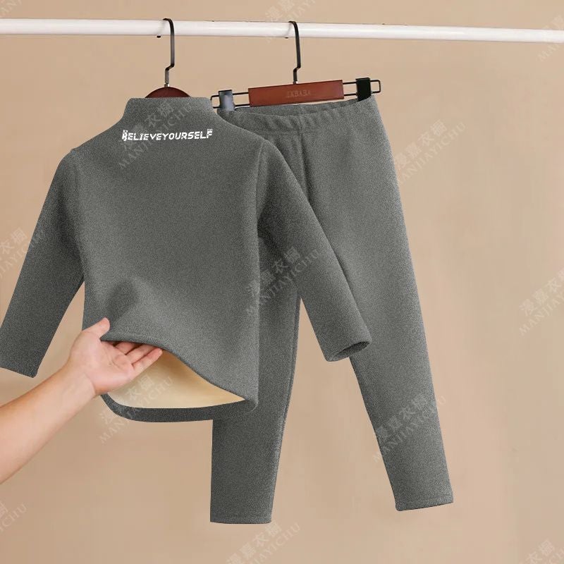 Childrens Thermal Underwear fleece-lined Thickened suit Middle and Big Children Boys Girls Warm Base Heating Autumn Clothes Autumn Pants Winter Gray letters el [q3 set] 
