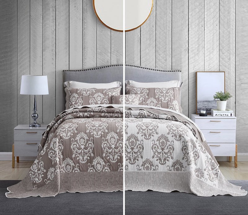 HZ  HY Oversized King Bedspread 128x120 Extra Wide Jacquard Matelasse Damask Pattern Design Lightweight Reversible 5 Piece 100 Microfiber Tan Brown