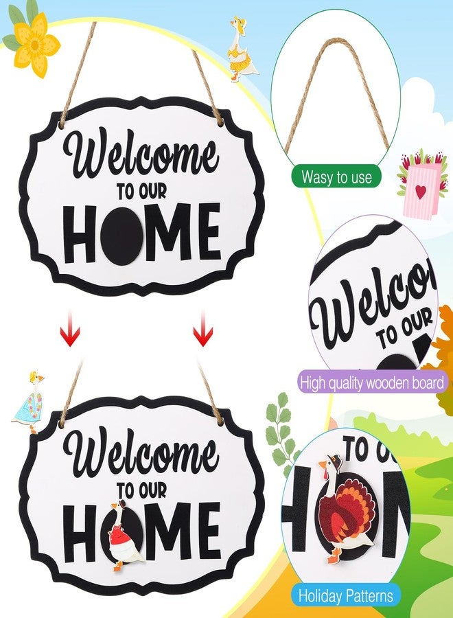 Memorywuu 16 Pcs Interchangeable Porch Goose Welcome Sign Seasonal Holiday Goose Sign with Wooden Holiday Geese Magnetic for 23"Cement Plastic Porch Geese Outdoor Statue Patio(Black,White,Oval) - Image 3