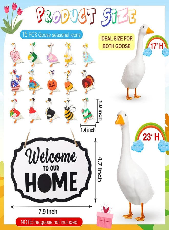 Memorywuu 16 Pcs Interchangeable Porch Goose Welcome Sign Seasonal Holiday Goose Sign with Wooden Holiday Geese Magnetic for 23"Cement Plastic Porch Geese Outdoor Statue Patio(Black,White,Oval) - Image 2
