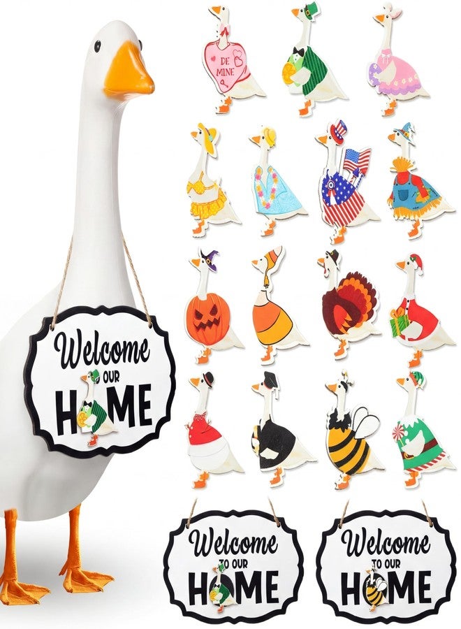 Memorywuu 16 Pcs Interchangeable Porch Goose Welcome Sign Seasonal Holiday Goose Sign with Wooden Holiday Geese Magnetic for 23"Cement Plastic Porch Geese Outdoor Statue Patio(Black,White,Oval) - Image 1
