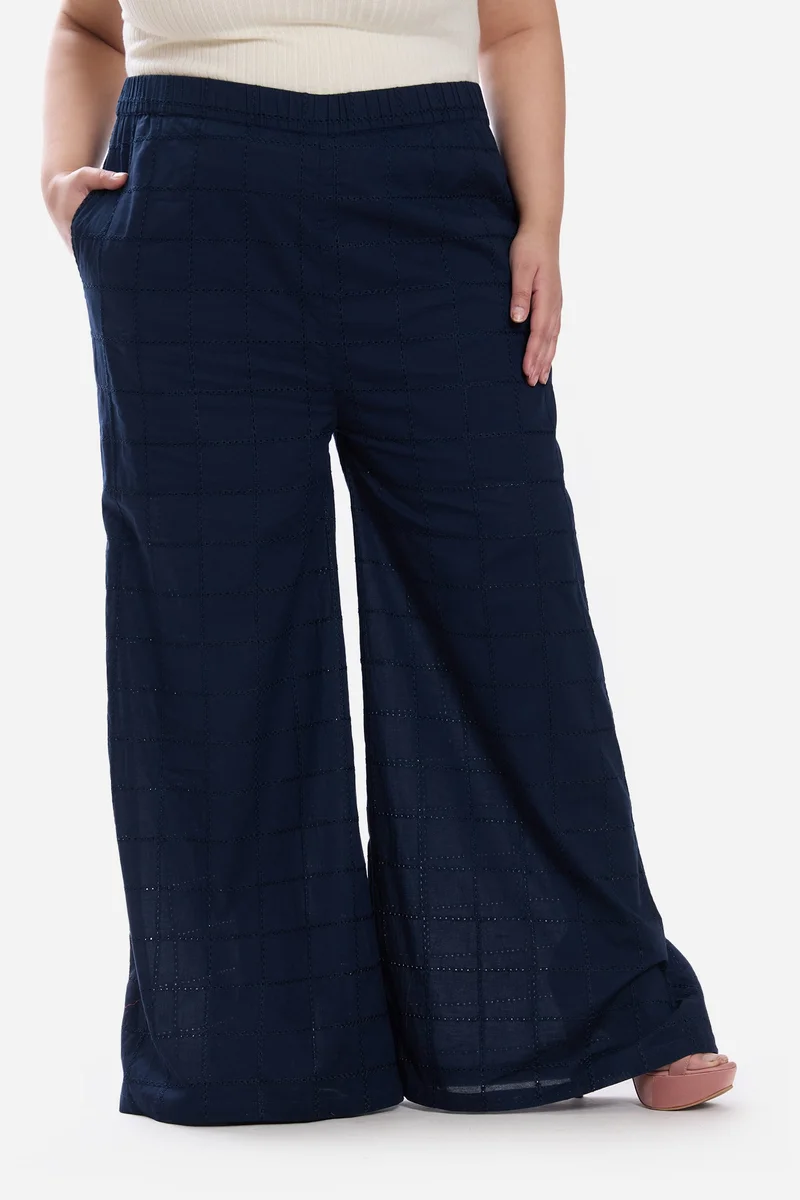 فيرجيو Self Design Cotton Wide Leg Pull On Plus Size Pants for Women