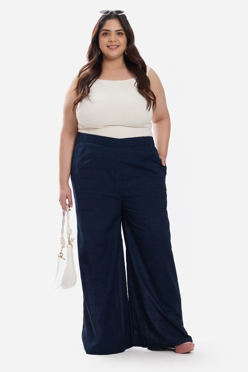 فيرجيو Self Design Cotton Wide Leg Pull On Plus Size Pants for Women