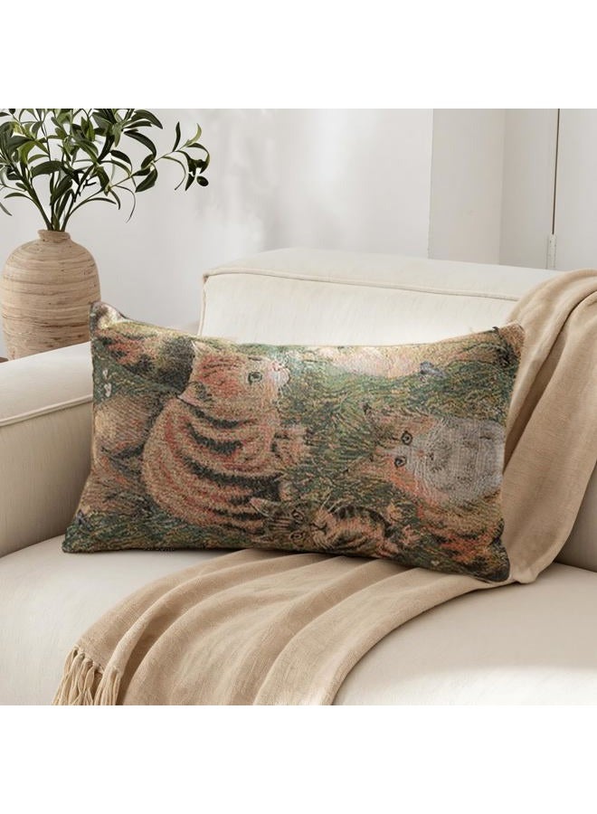 RinRinfam Kitten Series Lumbar Throw Pillow Cover 12x 20, Art Painting Cute Cat Farmhouse Neutral Linen Pillow Cushion Cases, Modern Decorative Pillows for Bed, Outdoor Couch Bedroom Car Green - Image 1