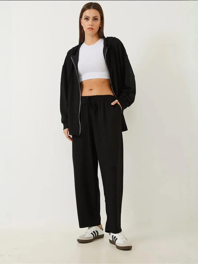 Bianco Lucci LUCCI Hooded Long Sweatshirt and Wide Leg Tights Two-Piece Set