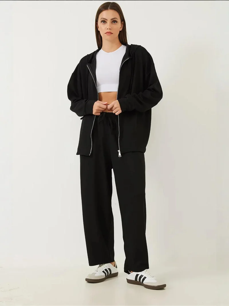 Bianco Lucci LUCCI Hooded Long Sweatshirt and Wide Leg Tights Two-Piece Set