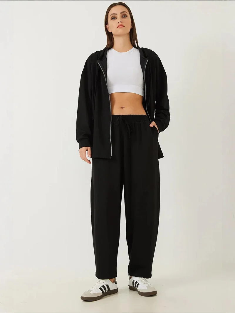 Bianco Lucci LUCCI Hooded Long Sweatshirt and Wide Leg Tights Two-Piece Set