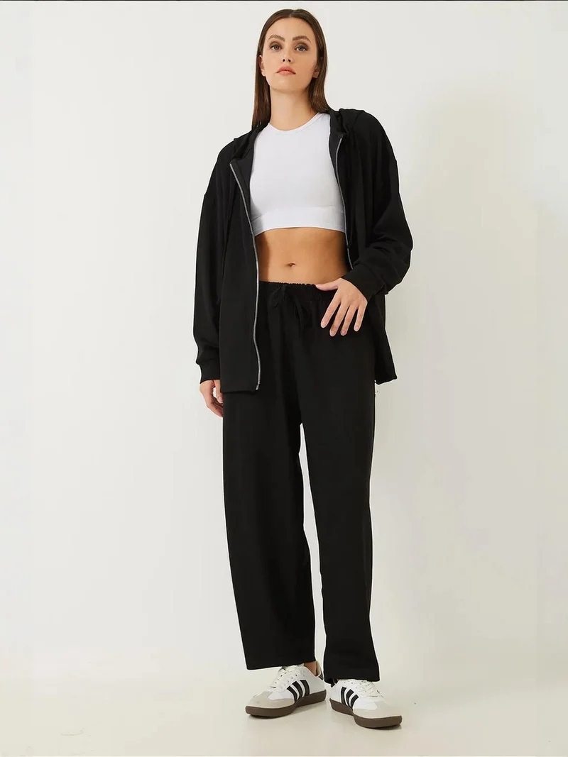 Bianco Lucci LUCCI Hooded Long Sweatshirt and Wide Leg Tights Two-Piece Set
