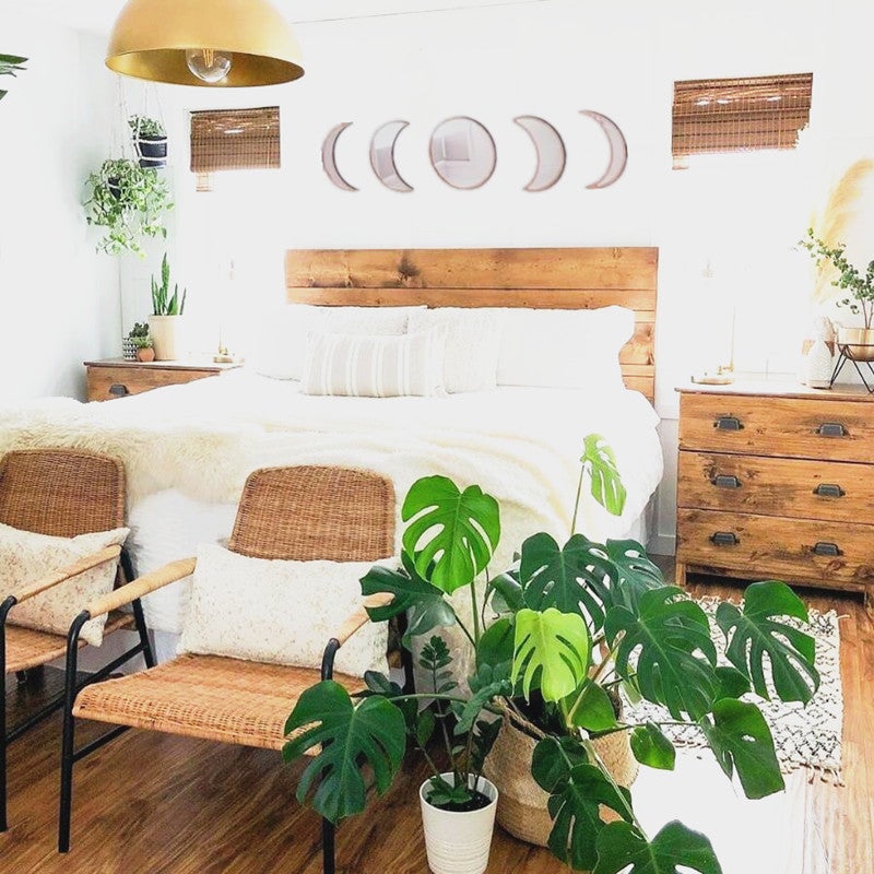 Amazon Wooden Acrylic Moon Mirror Moon Cycle Changing Lunar Food Decorative Wall Mirror Moon Phase Bohemian Mirror(Five-piece set log color) - Image 1