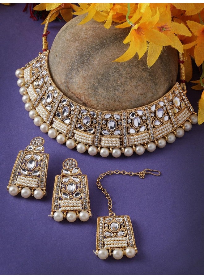 Sukkhi طقم قلادة تشوكر أنيقة فريدة من نوعها مع حجر أبيض و لؤلؤ مع أقراط و مانتيكا | طقم مجوهرات للنساء (NS105654) - Image 3