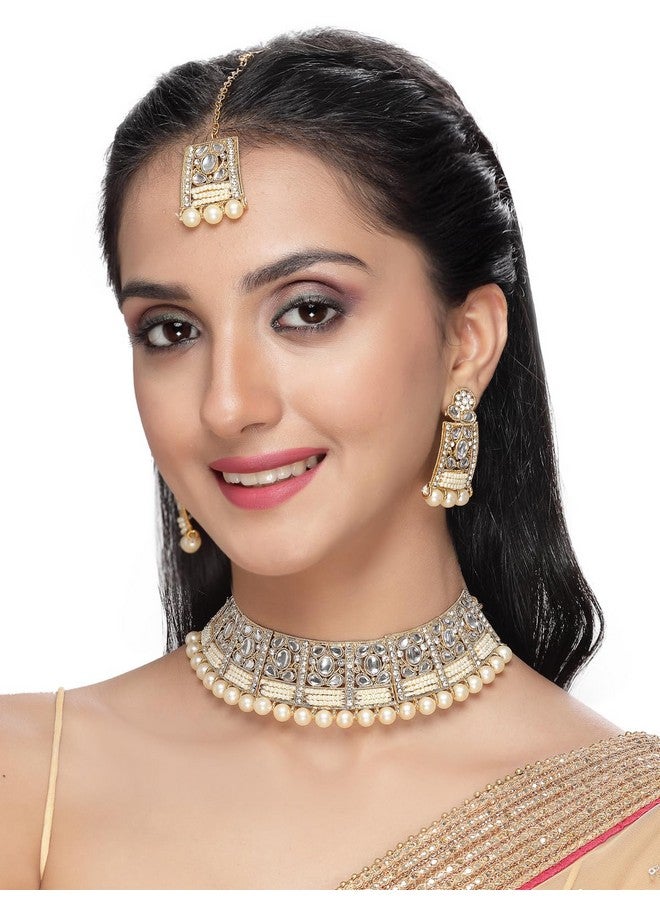 Sukkhi طقم قلادة تشوكر أنيقة فريدة من نوعها مع حجر أبيض و لؤلؤ مع أقراط و مانتيكا | طقم مجوهرات للنساء (NS105654) - Image 2