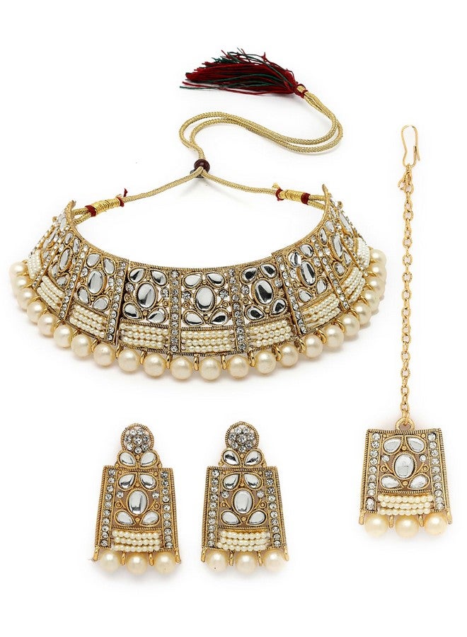 Sukkhi طقم قلادة تشوكر أنيقة فريدة من نوعها مع حجر أبيض و لؤلؤ مع أقراط و مانتيكا | طقم مجوهرات للنساء (NS105654) - Image 1