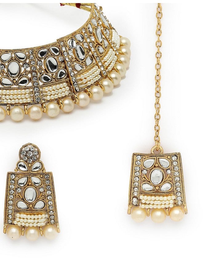 Sukkhi طقم قلادة تشوكر أنيقة فريدة من نوعها مع حجر أبيض و لؤلؤ مع أقراط و مانتيكا | طقم مجوهرات للنساء (NS105654) - Image 5